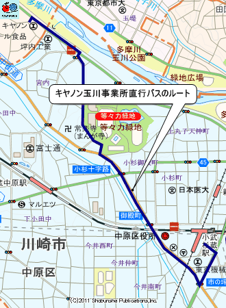 キヤノン玉川事業所直行バスのルートマップ