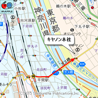 平間駅・ガス橋・キヤノン本社のマップ