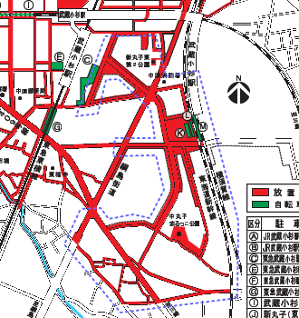 武蔵小杉駅周辺放置禁止区域図（案）の新規指定区域
