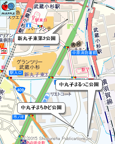 武蔵小杉再開発地区の公園（いずれも禁止区域）マップ