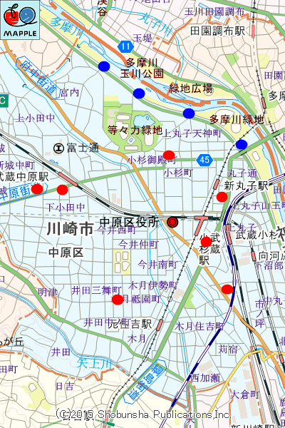 武蔵小杉周辺のサイクルポート（赤）と新設されたサイクルポート（青）