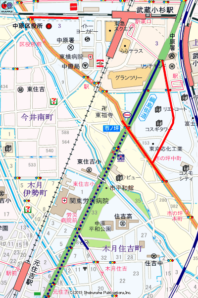 武蔵小杉周辺の自転車用レーン設置区間マップ