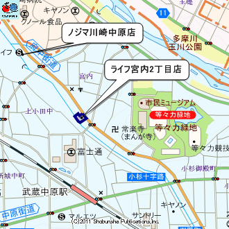 ノジマ川崎中原店」「ライフ宮内二丁目店」のマップ