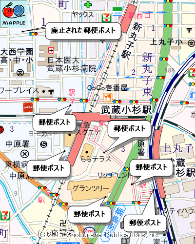 武蔵小杉再開発地区の郵便ポストマップ