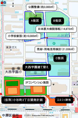 武蔵小杉駅北口地区の再開発マップ
