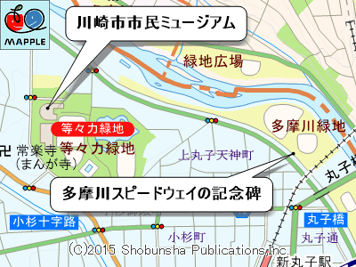 「川崎市市民ミュージアム」と「多摩川スピードウェイ」記念パネルのマップ