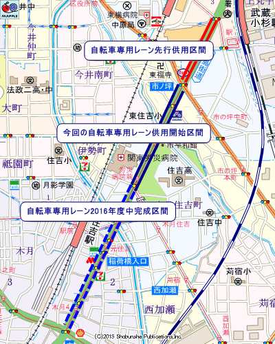 綱島街道の自転車専用レーン整備マップ