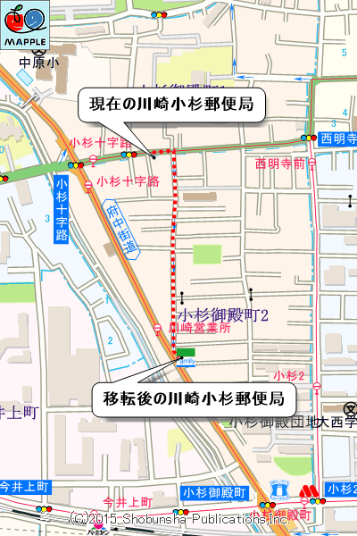 川崎小杉郵便局の移転マップ